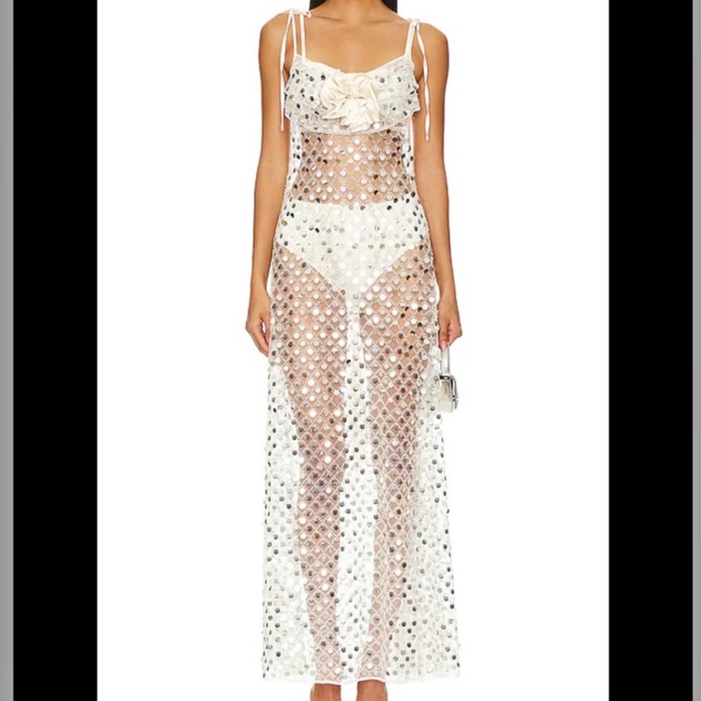 For Love & Lemons Sheer Embellished Maxi Dress in Ivory